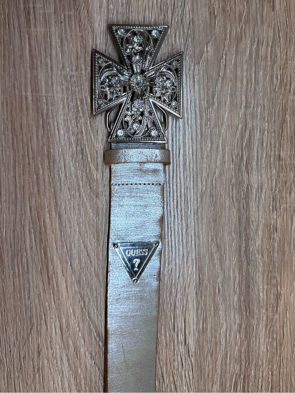 GUESS Silver Women’s Belt with Ornate Cross Buckle